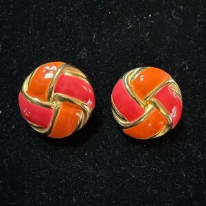 Vintage Gay Boyer Goldtone Orange & Pink Woven Clip Earrings - Marked